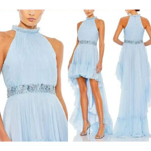 NWT Mac Duggal 68029 High Neck High Low Dress $398 Ice Blue